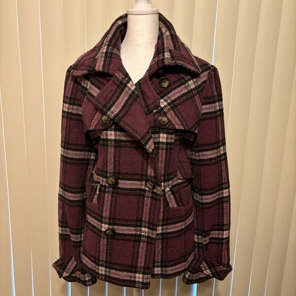 Purple Pea Coat with Double-Breasted Design and Wide Collar
